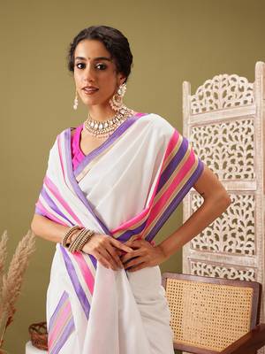 White Solid Solid Soft Silk Blend Saree 4