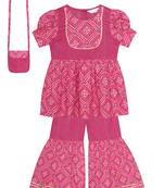 Budding bees girls cotton bandhani printed short sleeve top & sharara 2 pc festive set with matching bag-pink