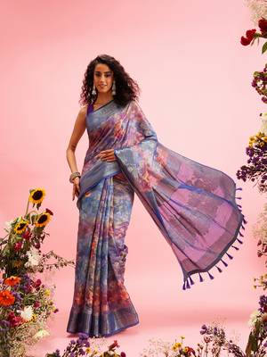 Blue Floral Digital Print Cotton Saree 2