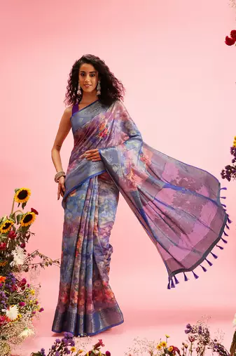 Blue Floral Digital Print Cotton Saree