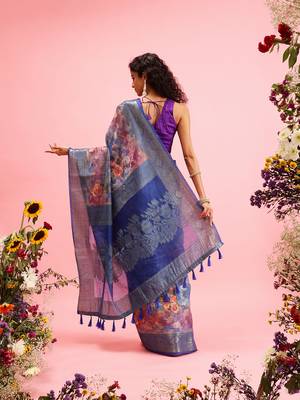 Blue Floral Digital Print Cotton Saree 3