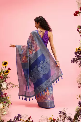 Blue Floral Digital Print Cotton Saree