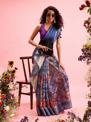 Blue Floral Digital Print Cotton Saree 4