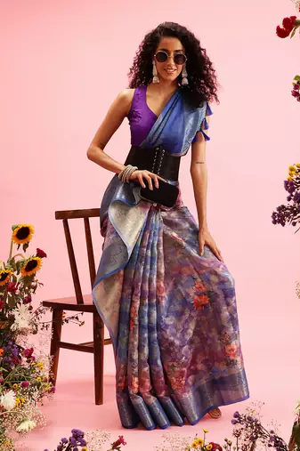 Blue Floral Digital Print Cotton Saree