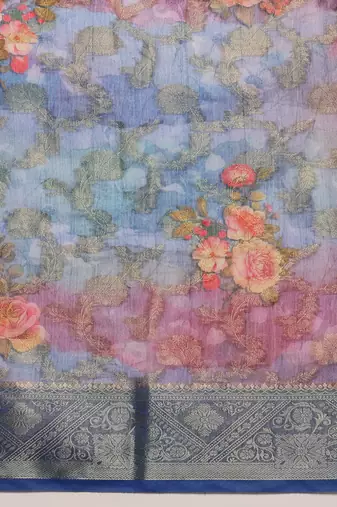 Blue Floral Digital Print Cotton Saree