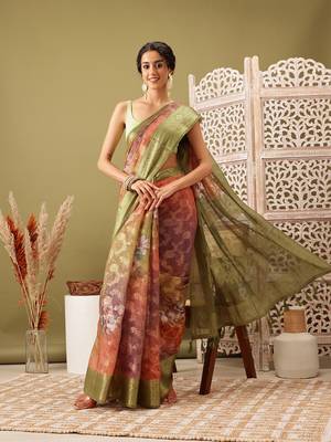 Olive Floral Digital Print Cotton Saree 2