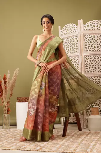 Olive Floral Digital Print Cotton Saree