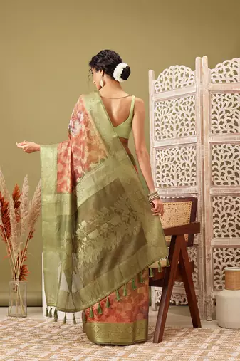 Olive Floral Digital Print Cotton Saree