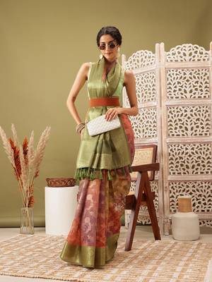 Olive Floral Digital Print Cotton Saree 4