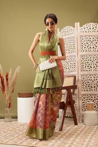 Olive Floral Digital Print Cotton Saree