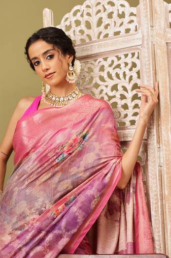 Pink Floral Digital Print Cotton Saree