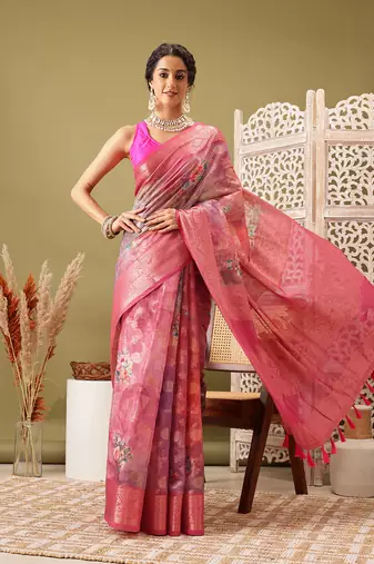 Pink Floral Digital Print Cotton Saree