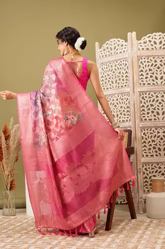 Pink Floral Digital Print Cotton Saree