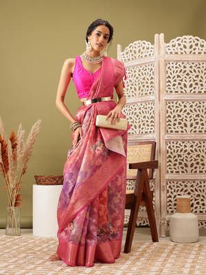 Pink Floral Digital Print Cotton Saree 4