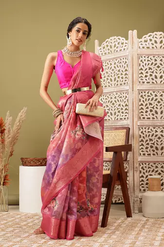 Pink Floral Digital Print Cotton Saree