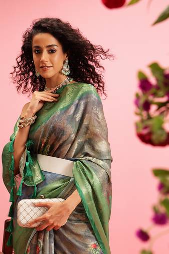 Green Floral Digital Print Cotton Saree