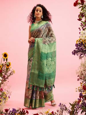 Green Floral Digital Print Cotton Saree 2