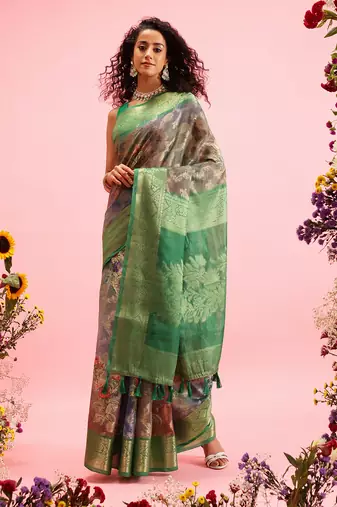 Green Floral Digital Print Cotton Saree