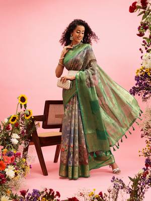 Green Floral Digital Print Cotton Saree 4