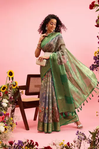 Green Floral Digital Print Cotton Saree
