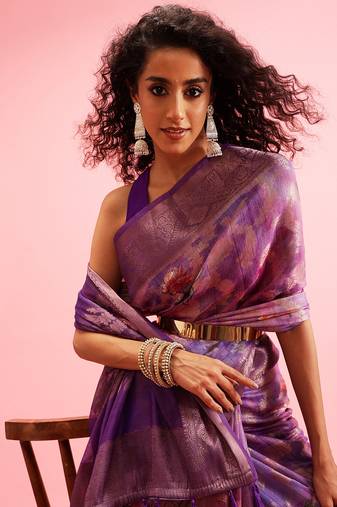 Lavender Floral Digital Print Cotton Saree