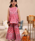 Budding bees girls cotton bandhani printed sleeveless top with sharara set 2pc festive set with matching bag-pink