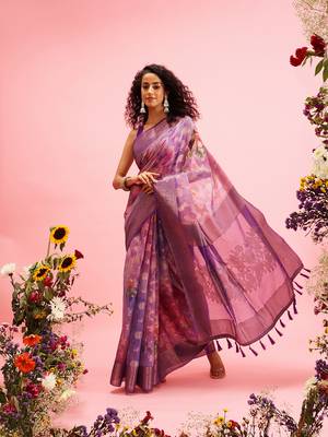 Lavender Floral Digital Print Cotton Saree 2