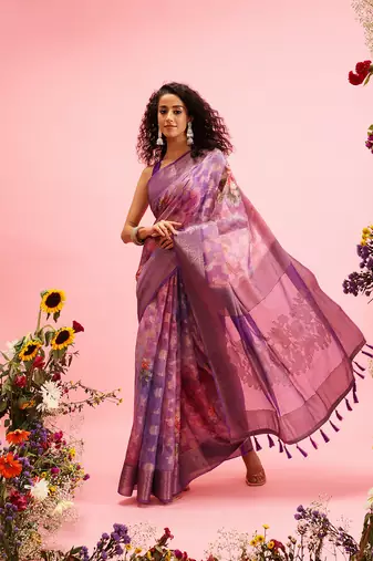 Lavender Floral Digital Print Cotton Saree