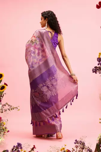 Lavender Floral Digital Print Cotton Saree