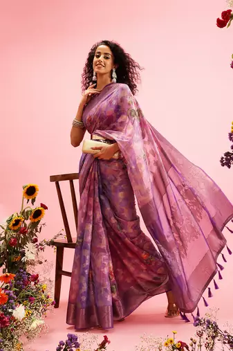 Lavender Floral Digital Print Cotton Saree