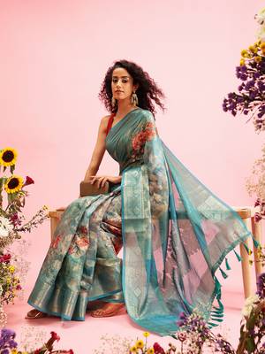 Teal Floral Digital Print Cotton Saree 1