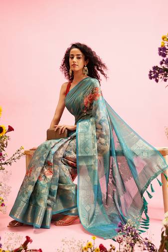 Teal Floral Digital Print Cotton Saree
