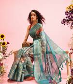 Teal Floral Digital Print Cotton Saree