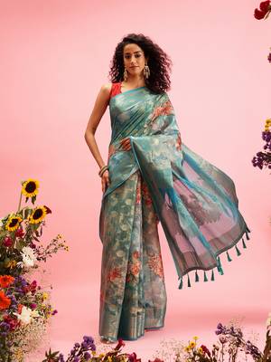 Teal Floral Digital Print Cotton Saree 2