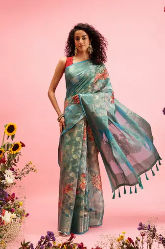 Teal Floral Digital Print Cotton Saree