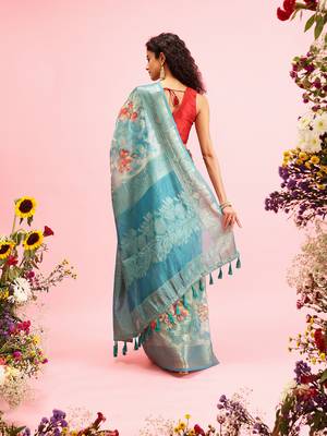 Teal Floral Digital Print Cotton Saree 3