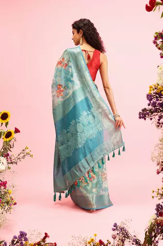 Teal Floral Digital Print Cotton Saree