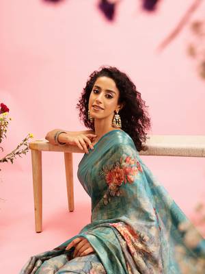 Teal Floral Digital Print Cotton Saree 4