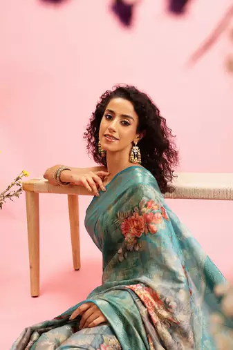 Teal Floral Digital Print Cotton Saree