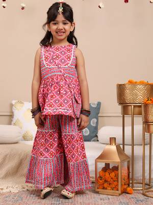 Budding bees girls cotton bandhani printed sleeveless top with sharara set 2pc festive set with matching bag-pink 1