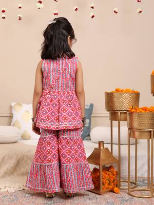 Budding bees girls cotton bandhani printed sleeveless top with sharara set 2pc festive set with matching bag-pink 3