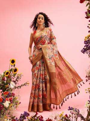 Beige Floral Digital Print Cotton Saree 2