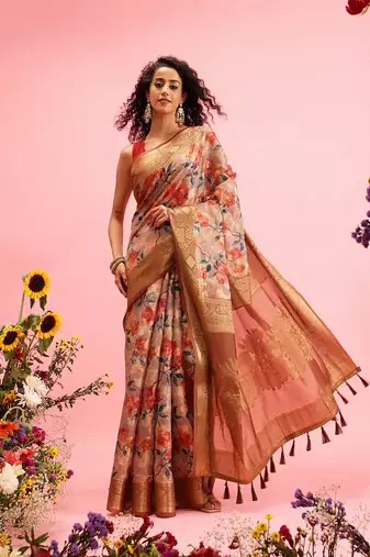 Beige Floral Digital Print Cotton Saree