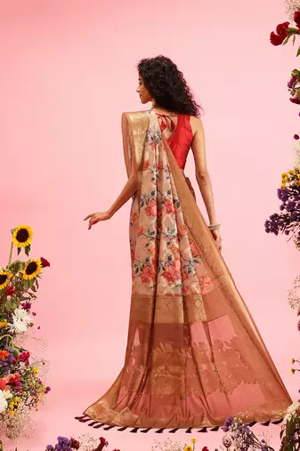 Beige Floral Digital Print Cotton Saree