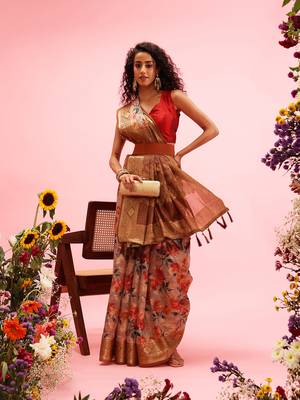 Beige Floral Digital Print Cotton Saree 4