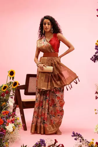 Beige Floral Digital Print Cotton Saree