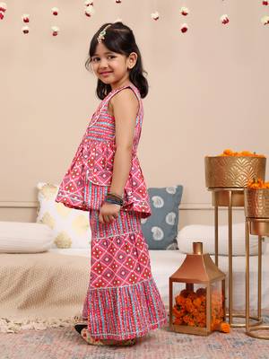Budding bees girls cotton bandhani printed sleeveless top with sharara set 2pc festive set with matching bag-pink 5
