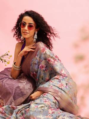 Grey Floral Digital Print Cotton Saree 1