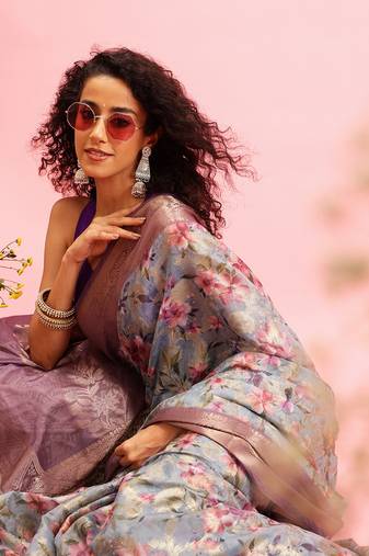 Grey Floral Digital Print Cotton Saree