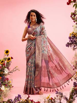 Grey Floral Digital Print Cotton Saree 2